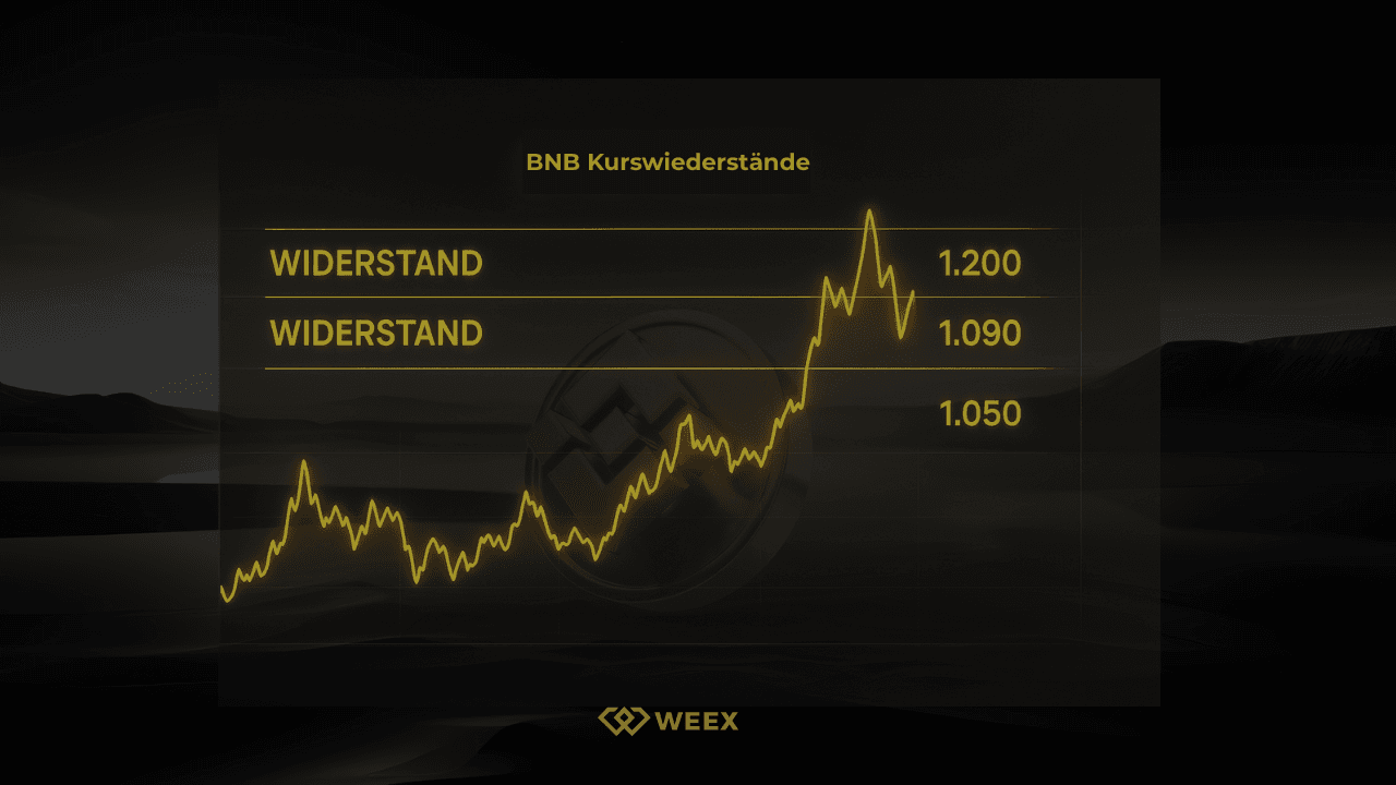 BNB price resistance: Chart with key resistance zones at $1,050, $1,090, and $1,200, shown with a yellow line and WEEX branding.